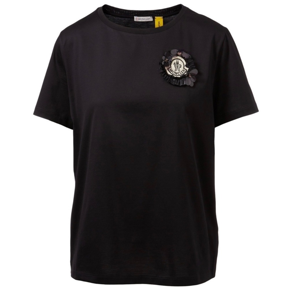 Moncler Womens Black Ruffle Sequin Logo T-Shirt Size Medium